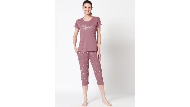 Zeyo Women Mauve Printed Pure Cotton Night Suit