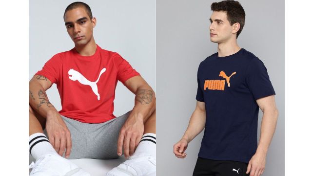 Red-and-white logo tee, Navy foil-printed T-shirt 
