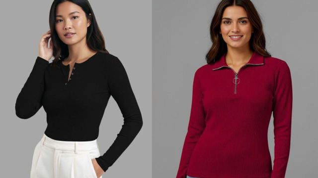 Black henley top, Red zip-collar top