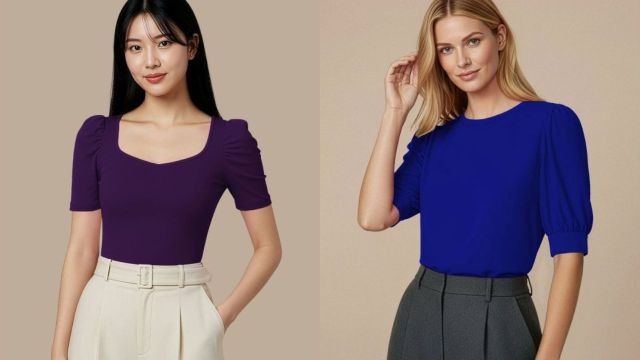 Purple sweetheart-neck top, Blue round-neck top