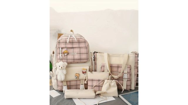 5pcs Set Back To School Fashion New Classic Simple Plaid Cute Large Capacity Backpack