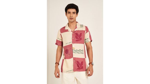 7 ALT Pink Printed Casual Half Sleeves Shirt Collar Men Slim Fit Casual Shirt
