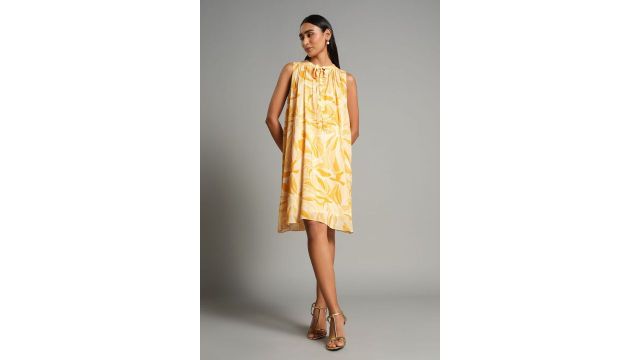 AND Yellow Printed Knee Length Casual Women Flared Dress