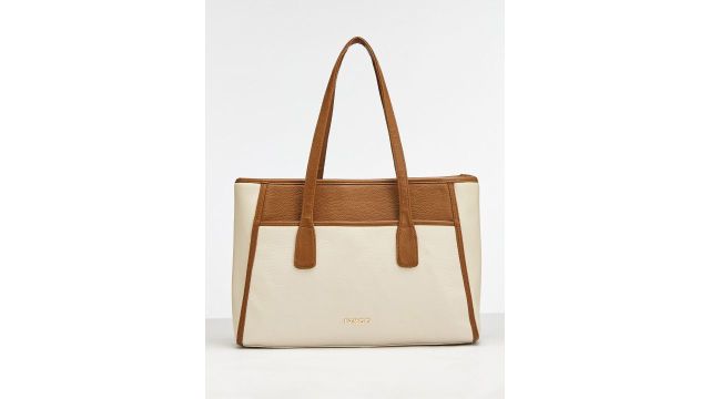 Beige & Brown Tote With Zip Detail and Mobile Pouch