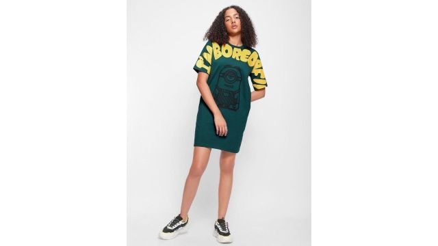 Bewakoof Typography Minion Printed T-shirt Cotton Oversized Mini Dress 