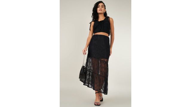 Black Solid Below Knee Length Casual Women Slim Fit Skirt