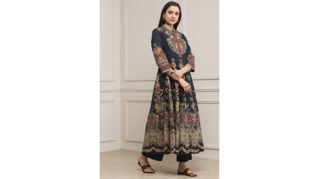 Black Printed Flared Kurta Set