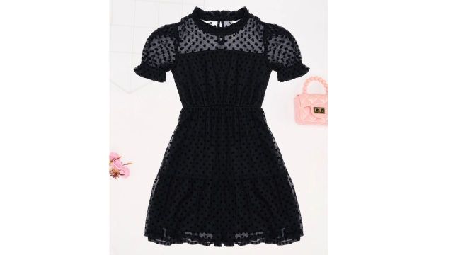 Black Textured Knee Length Party Girls Regular Fit Dress