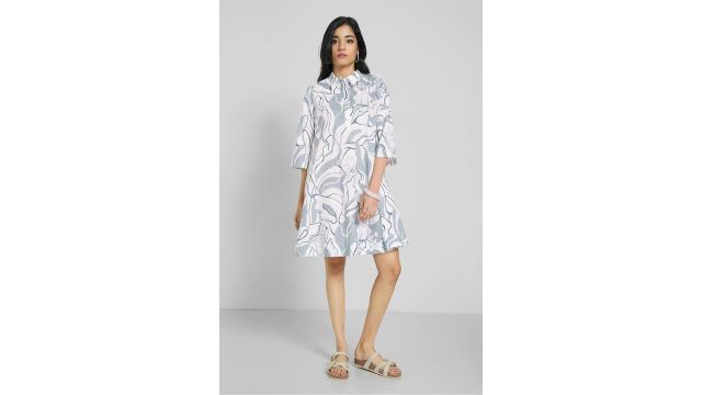 Blue Floral Print A-line Knee Length Shirt Dress