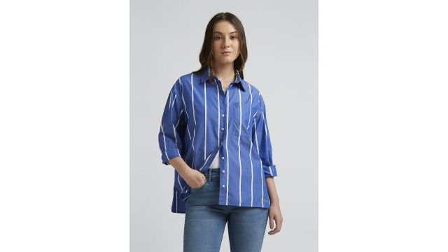 Blue Oversized Shirt With Vertical Stripes