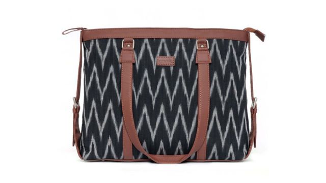 Charcoal Black & Grey Ikat Print Vegan Leather 15 Inch Sustainable Laptop Tote Bag