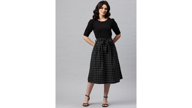 Cottinfab Checked Puff Sleeve Fit & Flare Midi Dress 