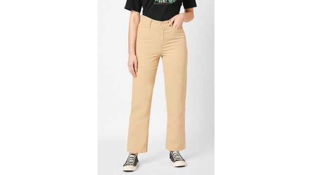 Cream Solid Ankle Length Casual Women Straight Fit Jeans