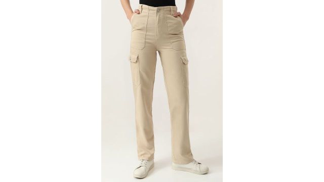 Cream Solid Full Length Casual Women Loose Fit Trousers