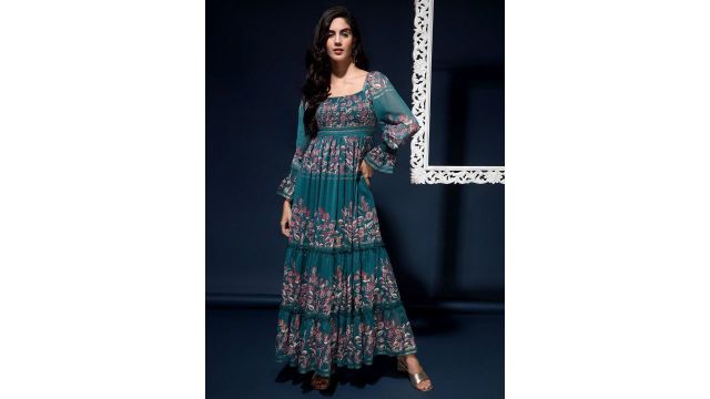 Drape and Dazzle Floral Printed Smocked Maxi Dress 