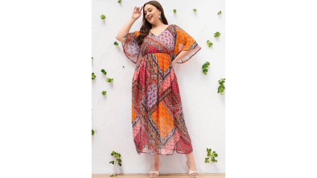 DressBerry Curve Printed Flared Sleeve Chiffon Plus Size Maxi Dress 
