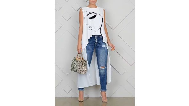 Fashion T-shirt with Face Print, Long Version, Women's Cardigan Top