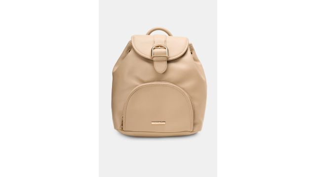 Forever Glam Beige Solid Structured Backpack with Buckle Flap