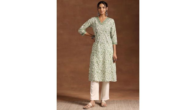 Floral Printed V Neck Pure Cotton Kurta
