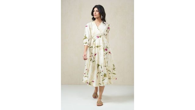 Ivory Floral Print Midi Wrap Dress