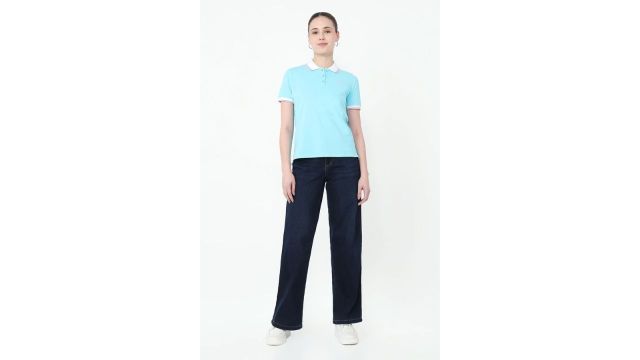Kraus Navy Solid Full Length Casual Women Wide Leg Jeans