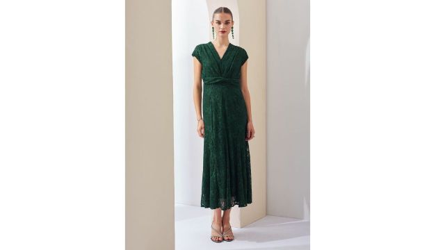 Latin Quarters Green Self Design Ankle Length Party Women Flared Dress