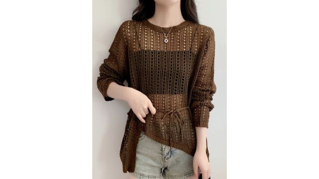 Lazy Style Thin Round Neck Diagonal Hem Irregular Crochet Lace Mesh Pullover Top