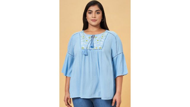 Light Blue Embroidered Casual Three-Quarter Sleeves Round Neck Women Relaxed Fit Tops
