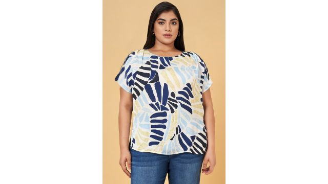 Light Blue Printed Casual Half Sleeves Round Neck Women Regular Fit Tops