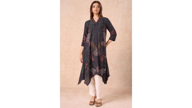 Marigold Lane Black Stippled Botanical Print Handkerchief Hem A-line Kurta