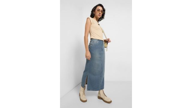 Blue Solid Ankle Length Casual Women Slim Fit Skirt