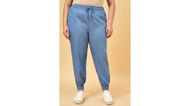 Medium Blue Solid Ankle Length Casual Women Regular Fit Trousers