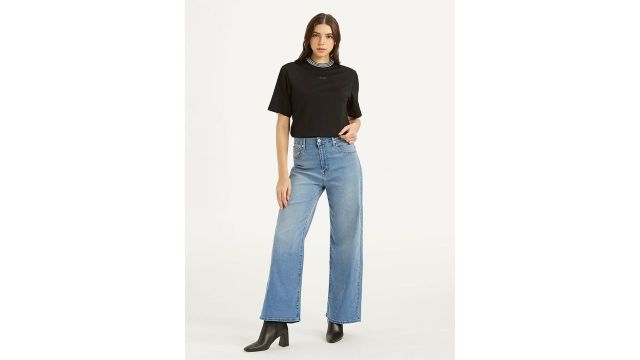 Levis Medium Blue Solid Wide Leg High Rise Jeans