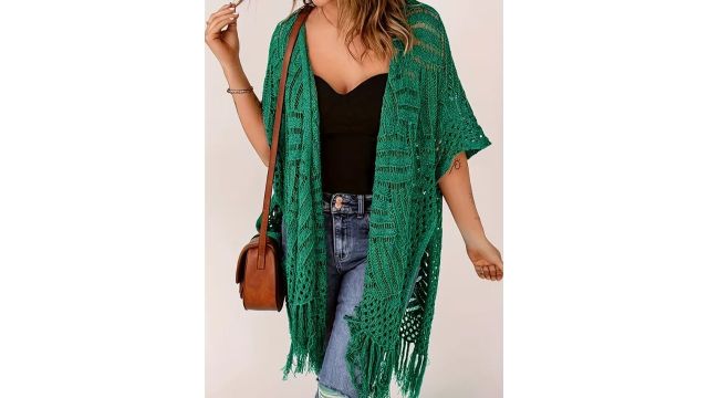 Mid-Length Fashion Loose Hollow-Out Tassel Kimono Cardigan Cover-Up Sunscreen Women'S Top Outerwear
