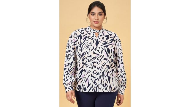 Off White Printed Formal Full Sleeves Mandarin Collar Women Regular Fit Tops