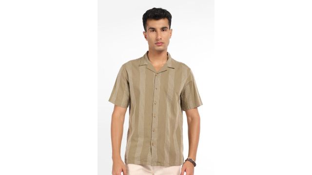 Olive Striped Casual Men Relaxed Fit Casual Shirt