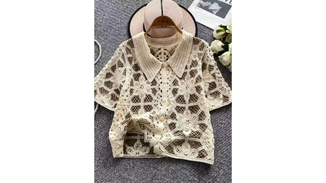 Women Openwork Crochet Polo Collar Cardigan