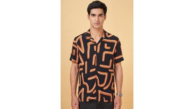 People Black Printed Casual Half Sleeves Shirt Collar Men Regular Fit Casual Shirt