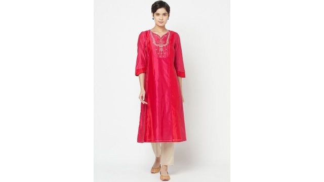 Women Pink & Gold-Coloured Thread Work Panelled A-line Kurta