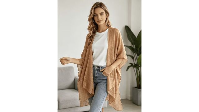 Plus Size Khaki Grid Sequin Chiffon Kimono Cardigan