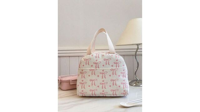 Portable Insulated Lunch Bag Thickened Cute Lunch Fruit Bag For Students Pink Asymmetric Bow Heart Print