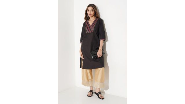Rangmanch Black Ajrakh Print Striped A-line Kurta