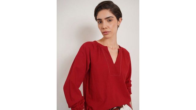 Pure Cotton Solid Regular Fit Raglan Sleeve Split V-neck Red Tops