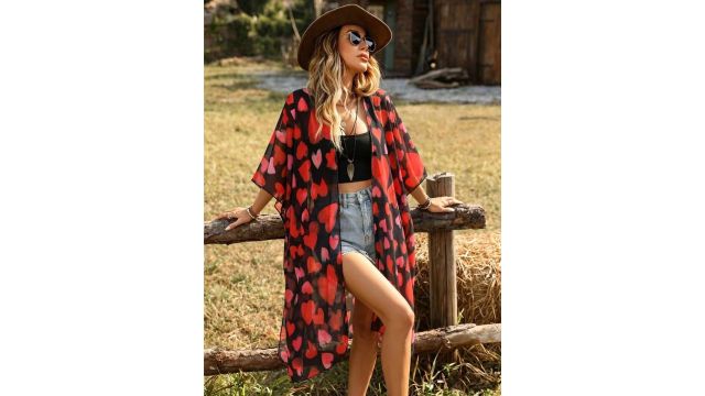 Red Pink Heart Print Kimono Swim Cover Up