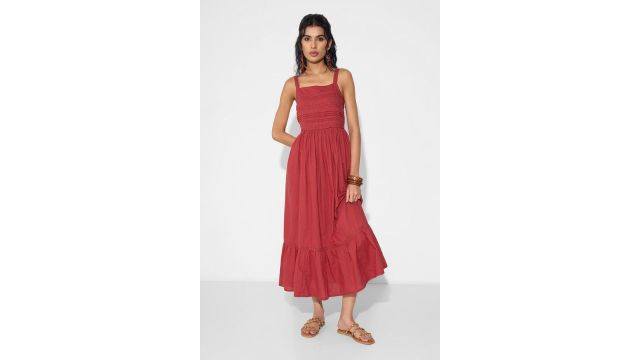 Red Strappy Square-Neck Midi Dress with Pintucks & Lace Detail