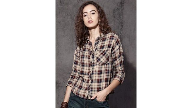 Roadster's beige and maroon checked shirt