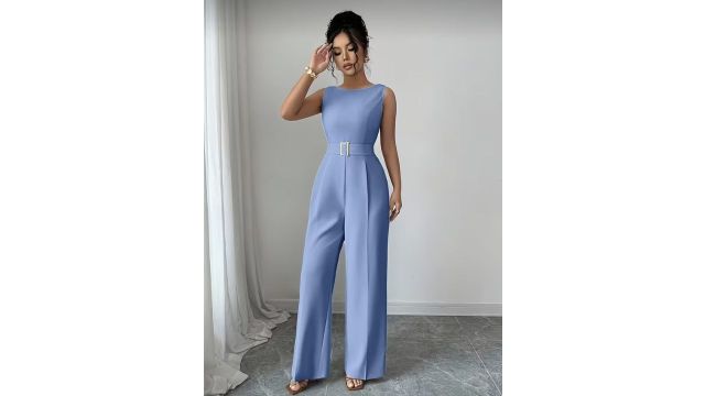 Round Neck Sleeveless Waist Metal Buckle Decoration Wide Leg Jumpsuit