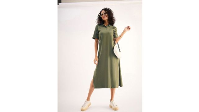 SASSAFRAS BASICS Olive Green Shirt Collar Oversized Cotton Midi A-Line Dress 