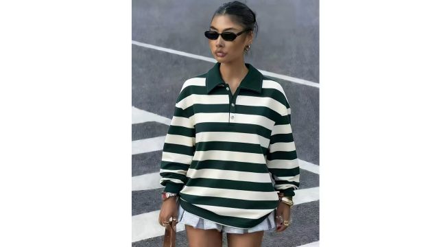 Striped Print Women's Long Sleeve Polo Shirt