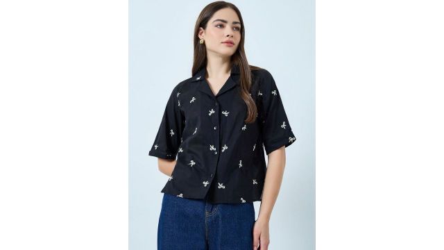 Styli's black bow embroidered shirt